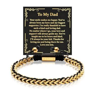 Imagem de WP WEPICK Presentes para homens, pulseiras banhadas a ouro 18 quilates para homens, pai, filho, marido, namorado, corrente de elos francos, pulseira de contas ajustáveis de aço inoxidável, aniversário