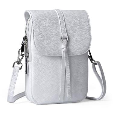 Imagem de befen Bolsa tiracolo feminina de couro legítimo, com vários bolsos para celular com compartimentos para cartões com bloqueio de RFID, Branco, 5" x 8" x 2"