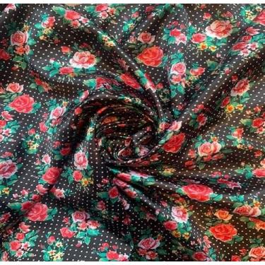 Imagem de Tecido Cetim Floral Poá Bolinha Branca + Fundo Preto 1,5x1m - Fitas e 
