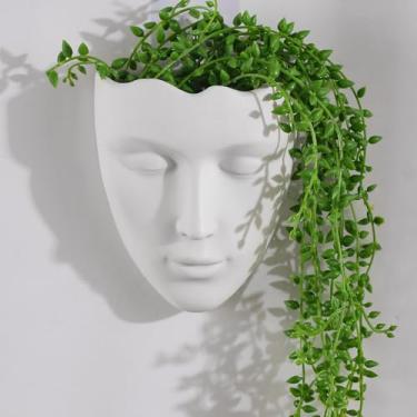 Imagem de Vaso de rosto, vaso de rosto de forma feminina de cerâmica, vaso de escultura moderna, vaso em forma de rosto humano, vaso de plantas para pendurar na parede com drenagem para decoração de casa, decoração de escritório ou ao ar livre