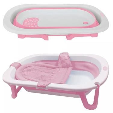 Imagem de Banheira Dobrável Antiderrapante Rosa Assento Almofada Bebês