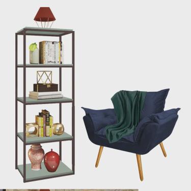 Imagem de Kit Poltrona Fatte com Manta Soft Verde e Estante Livreiro Ferro Marrom mdf Verde Oliva Suede Azul Marinho - Ahazzo Móveis
