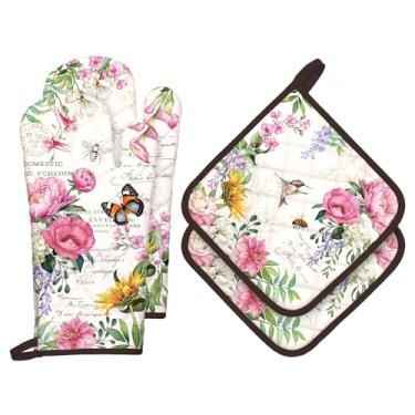 Imagem de Arquiel Conjuntos de luvas de forno e suportes de panela de flores vintage, 4 peças, 100% algodão, resistentes ao calor, luvas de forno extralongas para cozinha, cozinha, decoração de panificação