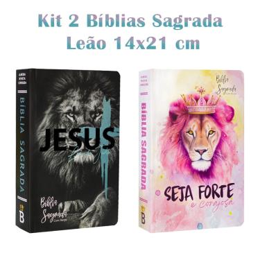 Imagem de Kit 2 Biblias Sagrada Letra Gigante Luxo Popular - Leão de Judá e Seja Forte e Corajosa - Harpa - rc
