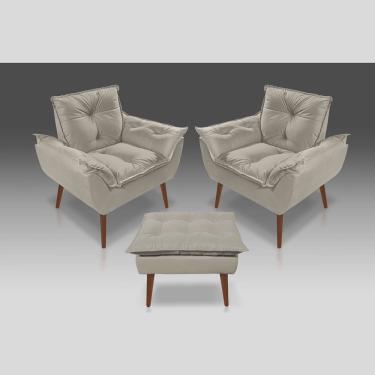 Imagem de Kit 02 Poltrona Opala Com Fibra Siliconada + 01 Puff Opala Suede Begge-Pandora Decor