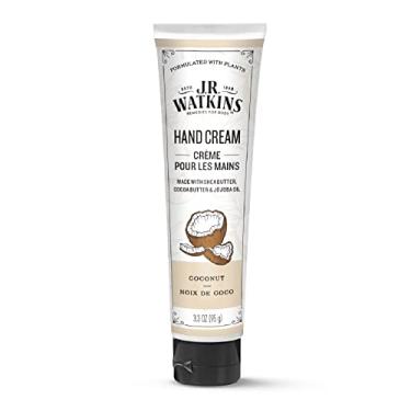 Imagem de J.R. Watkins Creme hidratante natural para as mãos, coco, hidratante para as mãos com manteiga de karité, manteiga de cacau e óleo de abacate, feito nos EUA e livre de crueldade, 100 ml