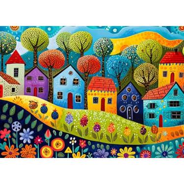 Imagem de HUADADA Quebra-cabeça para adultos 1000 peças, pintura de casas com pôster interloque perfeitamente letra na parte de trás sem poeira, decoração de casa brinquedo de presente de festa de aniversário