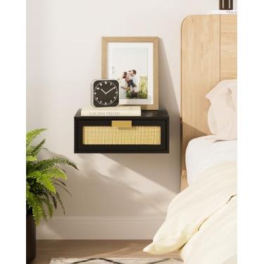 Imagem de Aienvey Mesa de cabeceira flutuante, prateleira flutuante com gaveta, mesa de cabeceira flutuante (vime preto)