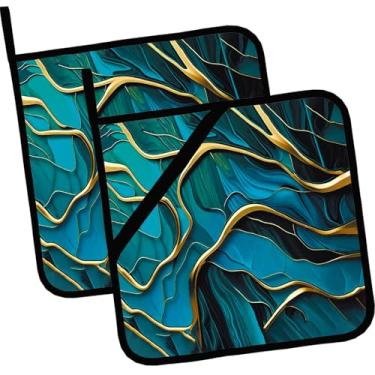 Imagem de Suportes de panela para cozinha resistentes ao calor, conjunto de 2 almofadas quentes de pedra turquesa abstrata para cozinhar, assar, churrasco, presentes para mulheres e homens