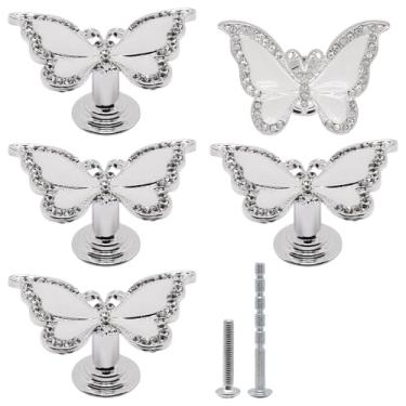 Imagem de YuGtcen 5 maçanetas de armário, puxadores de cristal para gavetas, puxador de borboleta para cômoda, puxadores decorativos puxadores de gaveta de borboleta fofos para cozinha, quarto de meninas