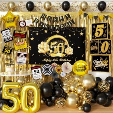 Imagem de Decorações de festa de 50 anos para homens com kit de guirlanda de balões para 50 anos, pano de fundo de aniversário de 50 anos, banner de feliz aniversário, balões e cortinas