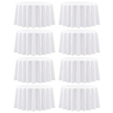 Imagem de Teruntrue Pacote com 8 toalhas de mesa redondas brancas de 274 cm, toalhas de mesa redondas de poliéster, toalhas de mesa brancas para mesas, lavável em massa, para festa de casamento, buffet