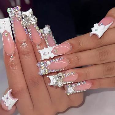 Imagem de RTKHFZE 24 Peças De Unhas Postiças Longas Quadradas Extragrandes, Rosa, Cobertura Total, Acrílicas Com Desenhos Charmosos, Strass E Cola Para Mulheres Meninas (Strass Francês Branco)