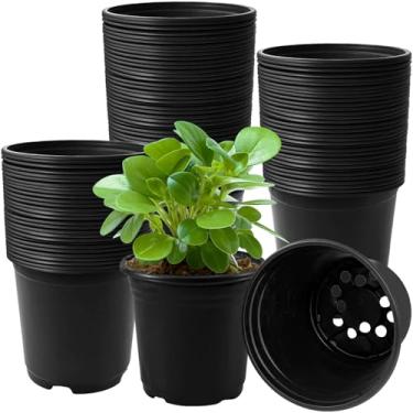 Imagem de OJYUDD 120 peças de vasos de plástico preto de 1 litro para berçário, vasos de mudas com orifícios de drenagem, recipiente de plantio de flores pretas para transplante de mudas, plantio, suculentas