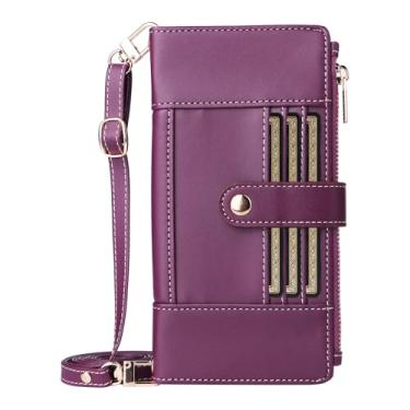 Imagem de FWYANZH Capa carteira para iPhone 16 Pro Max/16 Pro/16 Plus/16, capa de couro flip com zíper transversal, compartimentos para cartões, suporte com proteção RFID, capa de pulso, roxo, 16