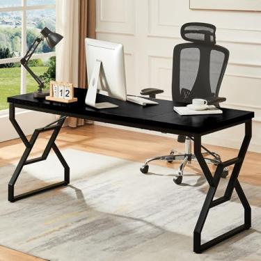Imagem de HOMISSUE Mesa executiva de 160 cm, mesa grande para escritório doméstico com mesa de madeira projetada e estrutura de metal, mesas de trabalho rústicas com estrutura robusta, mesas de computador