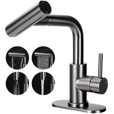 Imagem de Torneiras de banheiro 4 em 1, torneira de pia de banheiro moderna cinza com puxador único, 1 ou 3 furos com ralo pop-up e placa de montagem no deck, torneira sem chumbo de aço inoxidável para pia de