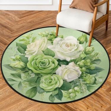 Imagem de Tapete redondo com flor de 90 cm, floral, verde, círculo, área interna, lavável, antiderrapante, capacho interno para sala de estar, quarto, sala de jogos, berçário, decoração de quarto, tapete para