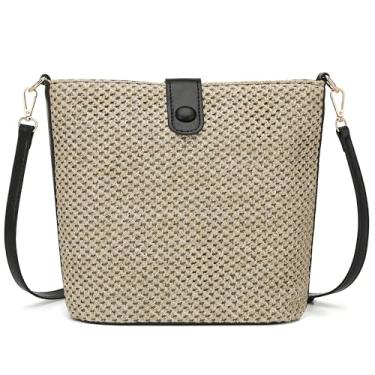 Imagem de ALARION Bolsas transversais de palha para mulheres, bolsa de praia de tecido de verão, ráfia, bolsa de ombro, alças de couro, bolsa clutch de palha para férias, Preto-maior, Larger, Bolsa tiracolo