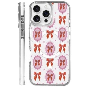 Imagem de OKBUOK Capa para iPhone 16 Pro Max [compatível com Magsafe], capa magnética transparente de silicone à prova de choque com estampa coquete laço rosa