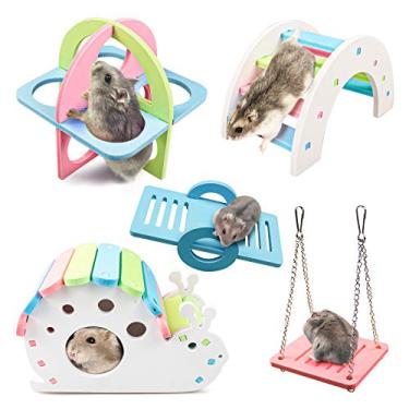 Imagem de Roundler Casa de hamsters anões faça-você-mesmo esconderijo de madeira, ponte arco-íris e gangorra de PVC, conjunto de brinquedos esportivos para animais de estimação, acessórios para gaiola de hamster sírio, adequado para animais pequenos (H02)