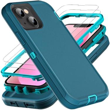 Imagem de HONG-AMY Capa para iPhone 13 Mini, 3 camadas de proteção resistente [à prova de choque] [à prova de queda] [antiderrapante] [com 2 películas de vidro temperado] para Apple 13 Mini (azul/turquesa)