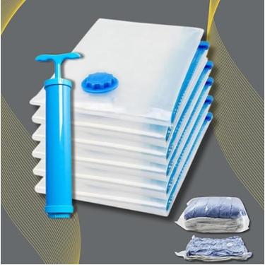 Imagem de Kit 5 Saco a Vacuo com Bomba Mala Viagem Roupas Cobertor Edredom Vac Bag Guarda Roupa Mais Espaço, Resistência Premium