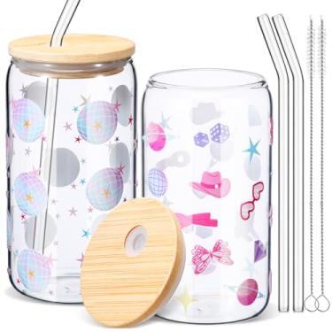 Imagem de SiliFine 2 peças presentes de copo de vidro com tema de era, 473 ml, copos de vidro com tampas e canudos, presentes temáticos engraçados, caneca de café gelado, garrafa de água para Natal, formatura