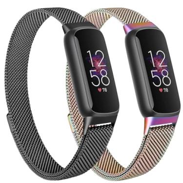 Imagem de Oumida Pulseira de metal de malha compatível com Fitbit Luxe, pulseira ajustável de aço inoxidável, mulheres e homens, pulseiras de substituição para rastreador de saúde e fitness, preto + colorido
