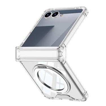 Imagem de POYUFRG Capa magnética para Samsung Galaxy Z Flip 7, capa fina HD transparente com suporte giratório capa de proteção de dobradiça tudo incluído, branca, Z Flip 7