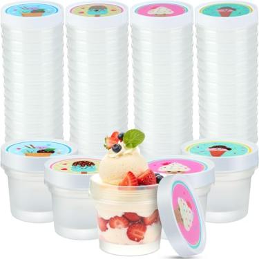 Imagem de Blushtier 60 recipientes de sorvete transparentes com tampas de desenho animado - Copos de sopa à prova de vazamento de 200 ml com tampas de rosca, copos de sobremesa descartáveis para sorvete, pudim