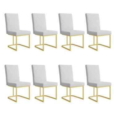 Imagem de Kit 08 Cadeiras de Jantar Estofada Siena Linho Cinza Base de Ferro Dourada - Pallazio