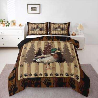 Imagem de jejeloiu Conjunto de edredom infantil, tamanho king, pato selvagem, casa de fazenda, animais selvagens, patas, cabana rústica, madeira, floresta ocidental, vida selvagem, edredom para decoração de