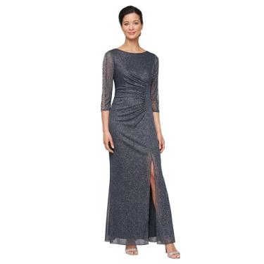 Imagem de S.L. Fashions Vestido formal feminino longo com cintura franzida e mangas 3/4 ilusão de contas (tamanho pequeno e regular), Fumê, 46