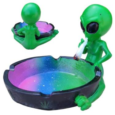 Imagem de Cinzeiro de charuto Halloween engraçado alienígena fumar cinzeiro de mesa resina multicolorida redonda fantasia excêntrica cinzeiro com borda elevada para escritório em casa (alienígena verde)