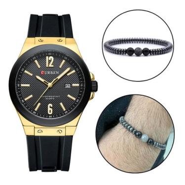 Imagem de Combo Relógio Masculino Casual Dourado + Pulseira Hematita - CURREN