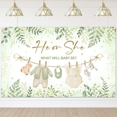 Imagem de Avezano Banner de fundo verde revelador de gênero aquarela roupas para meninos ou meninas Ele ou ela What Will Baby Be Gênero Revelar Decorações Folhas Verdes Pontos Dourados Faixa de Chá de Bebê