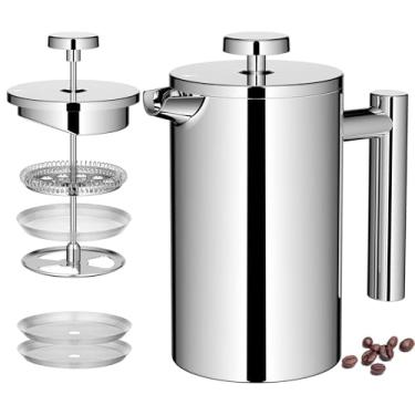 Imagem de Miuly Cafeteira francesa de 600 ml de aço inoxidável 600 ml com sistema de filtragem de 3 níveis, prensa francesa com isolamento de parede dupla com 2 filtros