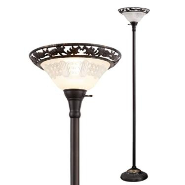 Imagem de Luvkczc Luminária de chão vitoriana, luminária de pé elegante de 178 cm com persiana de vidro de alabastro, poste de metal e base pesada, lâmpada de canto alta vintage para quarto, sala de estar