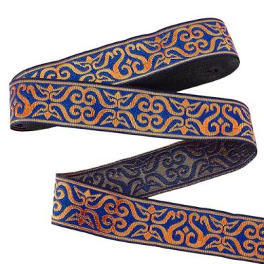 Imagem de AHANDMAKER Fita Jacquard de 9,8 metros com acabamento de fita de 3,3 cm Emobridered Woven Trim Floral Iron on Sew on Fringe Fabric Trimmings for Clothing Sewing Ramadan Home Decor Bag Straps, azul