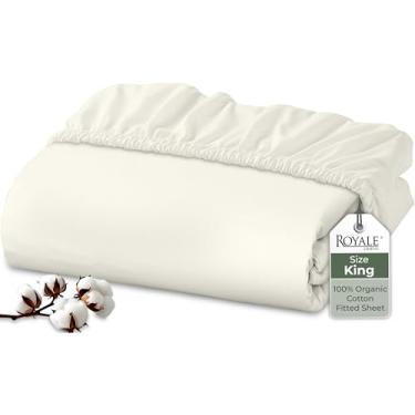 Imagem de Royale Linens Lençol com elástico 100% algodão orgânico – tecido percal – lençol de baixo com bolso profundo super macio – lençol king size elástico marfim – somente lençol com elástico - (198 x 203