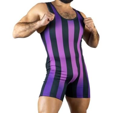 Imagem de Camisetas Masculinas Wrestling Singlet Roxo Listras Verticais Slim Fit Esporte Bodysuit Boxe Triatlo Uma Peça Bodysuit Sem Mangas Ginásio Esporte Fitness Skinsuit Levantamento De Peso M, 3XL