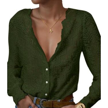 Imagem de Blusa LUXVEER, blusa de renda para mulheres, manga comprida, verde esc