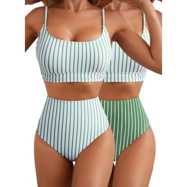 Imagem de Conjunto de biquíni Herseas 2025, cintura alta, reversível, listra ver