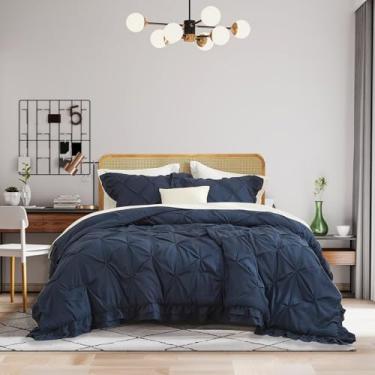 Imagem de AMZTOP Conjunto de edredom casal de microfibra azul marinho, 3 peças, 1 edredom e 2 fronhas, conjunto de cama plissada para todas as estações, ultramacio, aconchegante, leve, rústico, casa de fazenda