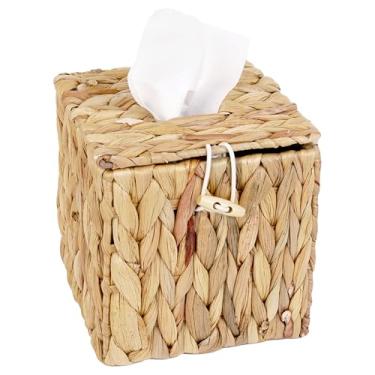 Imagem de DODAMOUR Capa de caixa de lenços de tecido com tampa, porta-guardanapos de vime feito à mão, suporte de lenços quadrado feito à mão para decoração de escritório em casa (bege natural)