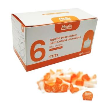 Imagem de Agulha para Caneta de Insulina, Descartável, 6mm, 31G, Aço Inoxidável, com Tampa Plástica Estéril, Uso Subcutâneo, Caixa com 100 Unidades
