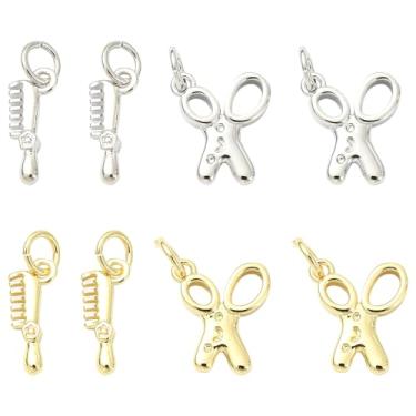 Imagem de Ornazy 8 peças com tema de corte de cabelo, pingentes de latão, pente criativo e tesoura, ornamentos para decoração de chaveiros