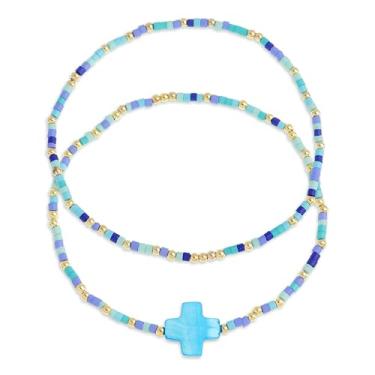 Imagem de Agriajun Conjunto de pulseiras elásticas coloridas com contas cruzadas para mulheres, boho, praia, artesanal, empilhável, miçangas, presente de verão, 7", Latão, Sem Pedra Preciosa