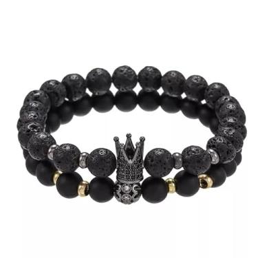 Imagem de BLACKMIST Pulseira ajustável clássica de contas de pedra natural, conjunto de duas peças com coroa incrustada de obsidiana e detalhes dourados, Pedra, olho de tigre e pedra vulcânica